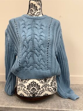 Roxy Blue Cable Knit Cropped Sweater Small Balloon Sleeve Coastal